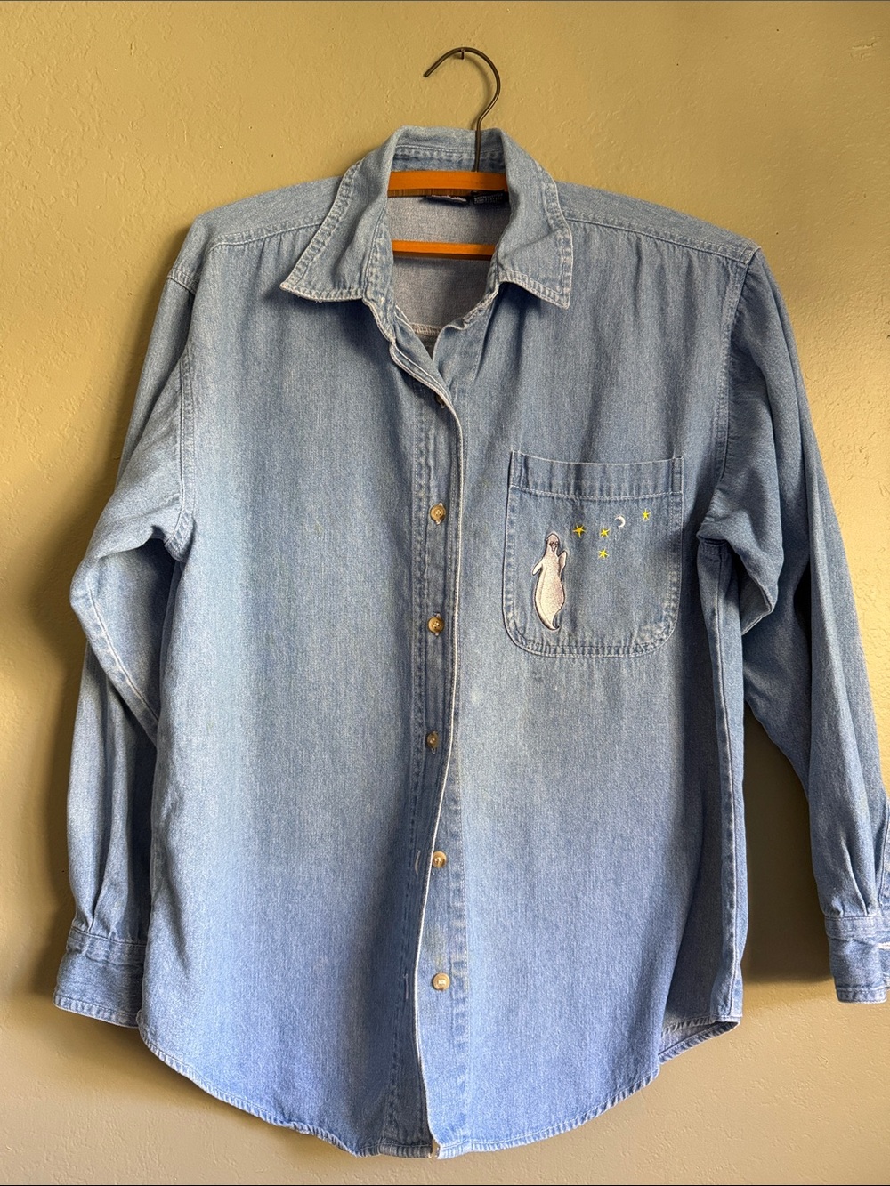 Light Blue Denim Button-Up Shirt with ghost Pocket Embroidery